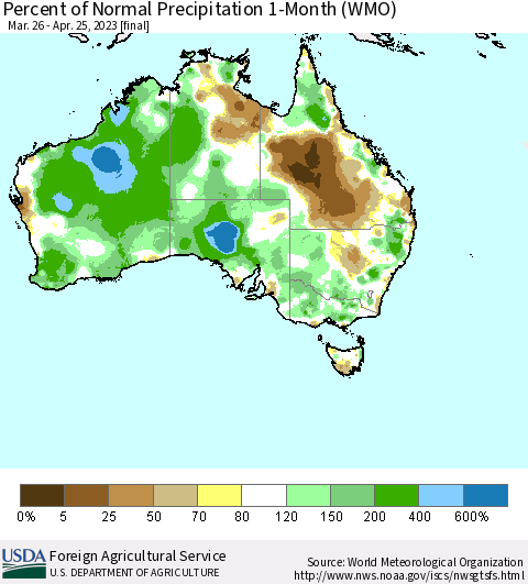 Australia Percent of Normal Precipitation 1-Month (WMO) Thematic Map For 3/26/2023 - 4/25/2023