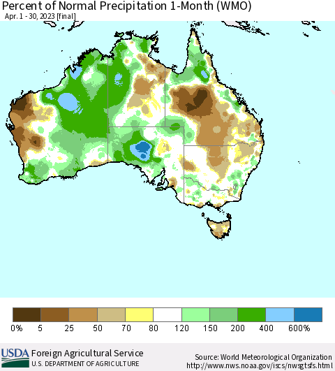Australia Percent of Normal Precipitation 1-Month (WMO) Thematic Map For 4/1/2023 - 4/30/2023