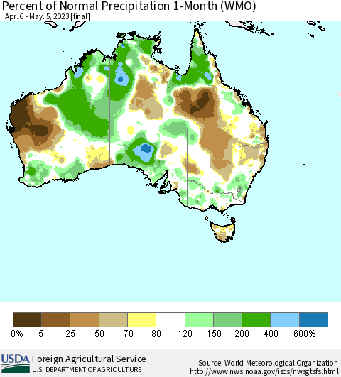 Australia Percent of Normal Precipitation 1-Month (WMO) Thematic Map For 4/6/2023 - 5/5/2023