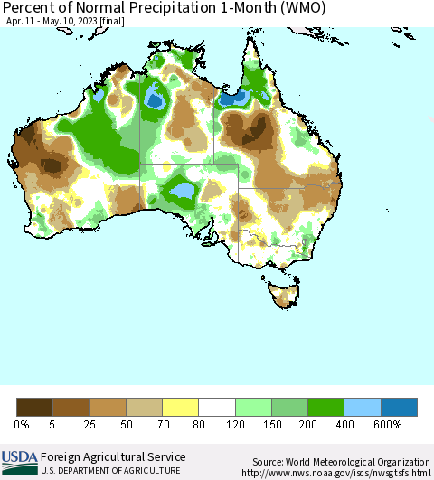 Australia Percent of Normal Precipitation 1-Month (WMO) Thematic Map For 4/11/2023 - 5/10/2023