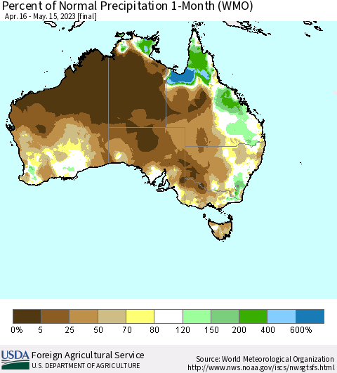 Australia Percent of Normal Precipitation 1-Month (WMO) Thematic Map For 4/16/2023 - 5/15/2023