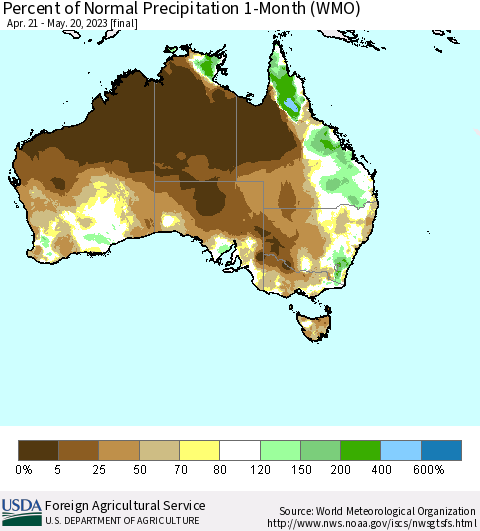 Australia Percent of Normal Precipitation 1-Month (WMO) Thematic Map For 4/21/2023 - 5/20/2023