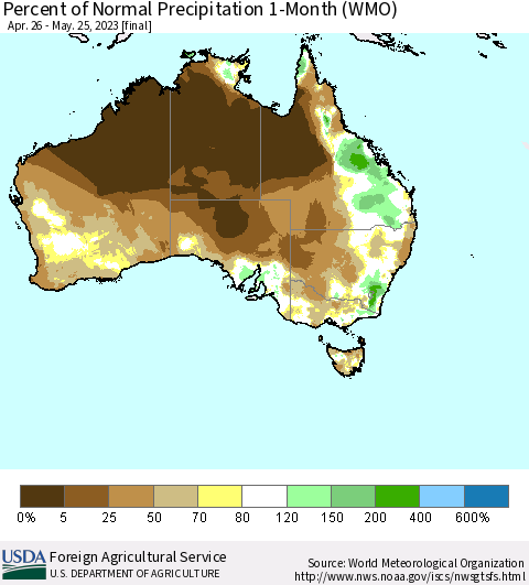 Australia Percent of Normal Precipitation 1-Month (WMO) Thematic Map For 4/26/2023 - 5/25/2023