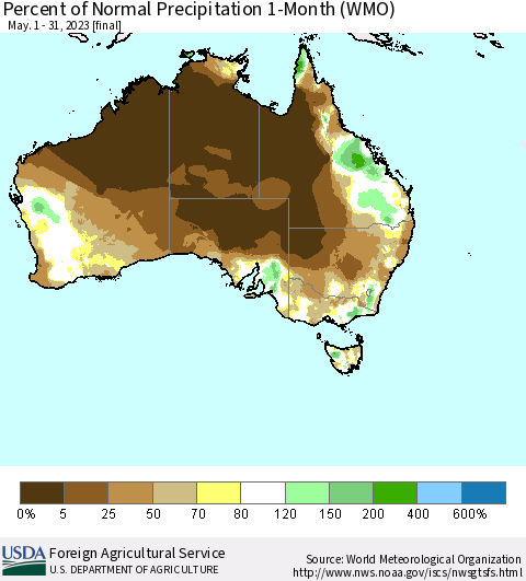 Australia Percent of Normal Precipitation 1-Month (WMO) Thematic Map For 5/1/2023 - 5/31/2023