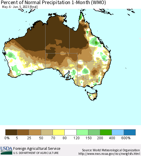 Australia Percent of Normal Precipitation 1-Month (WMO) Thematic Map For 5/6/2023 - 6/5/2023