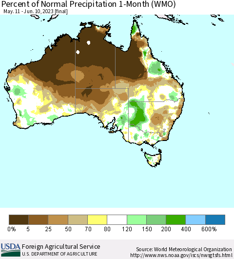Australia Percent of Normal Precipitation 1-Month (WMO) Thematic Map For 5/11/2023 - 6/10/2023
