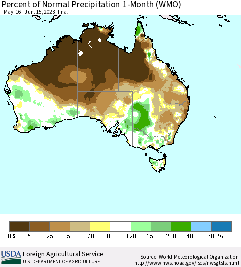 Australia Percent of Normal Precipitation 1-Month (WMO) Thematic Map For 5/16/2023 - 6/15/2023