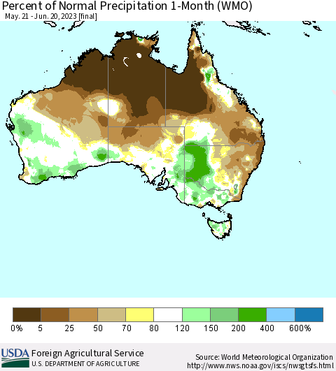 Australia Percent of Normal Precipitation 1-Month (WMO) Thematic Map For 5/21/2023 - 6/20/2023