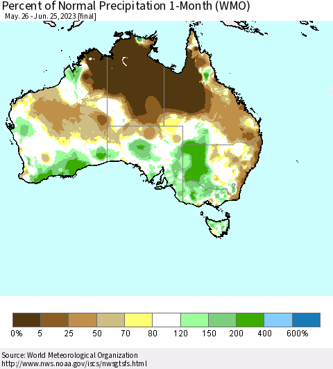 Australia Percent of Normal Precipitation 1-Month (WMO) Thematic Map For 5/26/2023 - 6/25/2023
