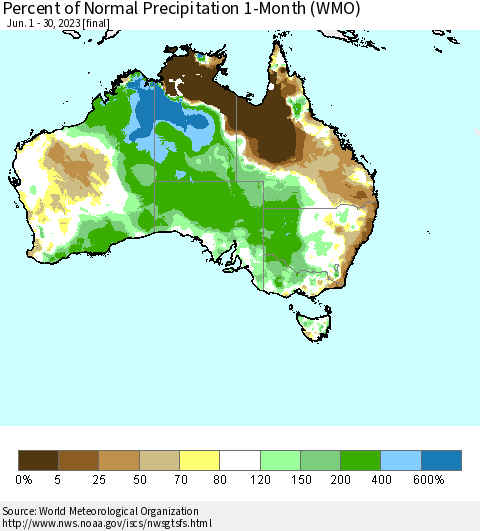 Australia Percent of Normal Precipitation 1-Month (WMO) Thematic Map For 6/1/2023 - 6/30/2023
