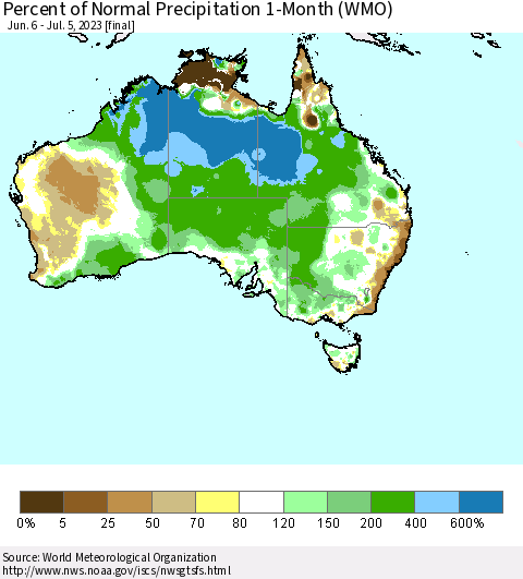 Australia Percent of Normal Precipitation 1-Month (WMO) Thematic Map For 6/6/2023 - 7/5/2023