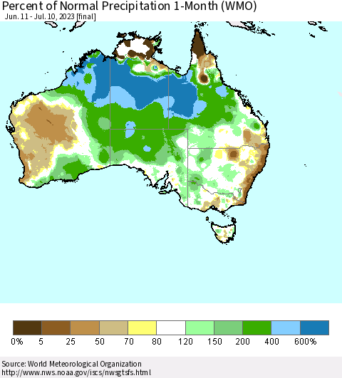 Australia Percent of Normal Precipitation 1-Month (WMO) Thematic Map For 6/11/2023 - 7/10/2023