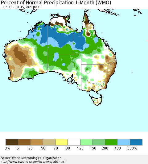 Australia Percent of Normal Precipitation 1-Month (WMO) Thematic Map For 6/16/2023 - 7/15/2023