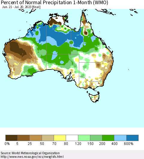 Australia Percent of Normal Precipitation 1-Month (WMO) Thematic Map For 6/21/2023 - 7/20/2023