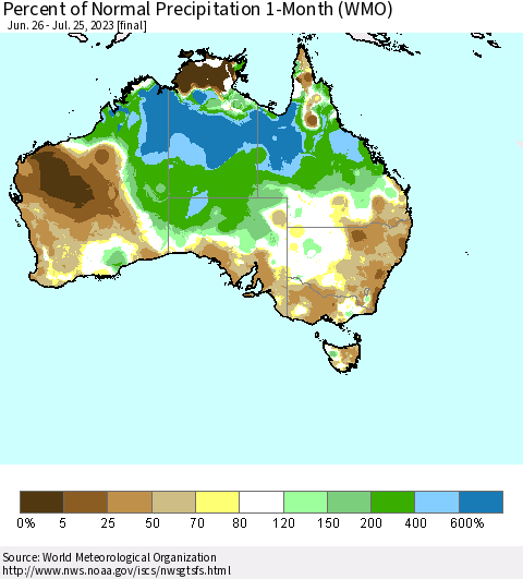 Australia Percent of Normal Precipitation 1-Month (WMO) Thematic Map For 6/26/2023 - 7/25/2023
