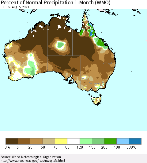 Australia Percent of Normal Precipitation 1-Month (WMO) Thematic Map For 7/6/2023 - 8/5/2023