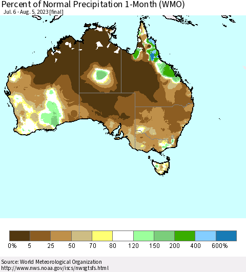 Australia Percent of Normal Precipitation 1-Month (WMO) Thematic Map For 7/6/2023 - 8/5/2023