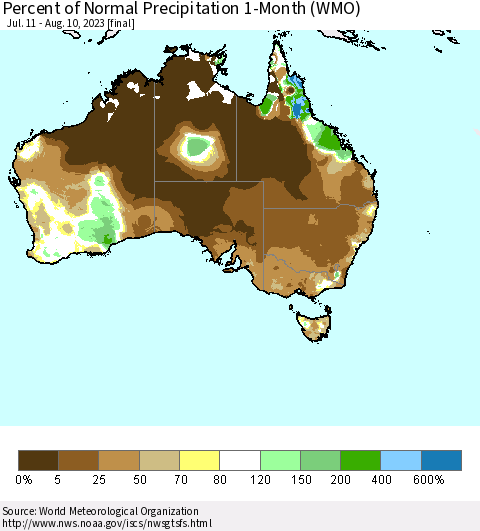 Australia Percent of Normal Precipitation 1-Month (WMO) Thematic Map For 7/11/2023 - 8/10/2023