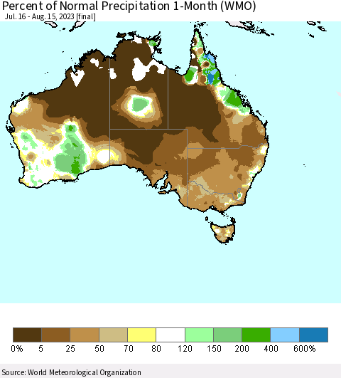 Australia Percent of Normal Precipitation 1-Month (WMO) Thematic Map For 7/16/2023 - 8/15/2023