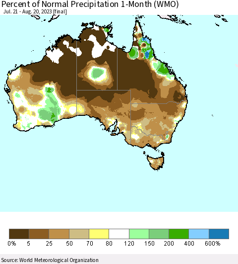Australia Percent of Normal Precipitation 1-Month (WMO) Thematic Map For 7/21/2023 - 8/20/2023