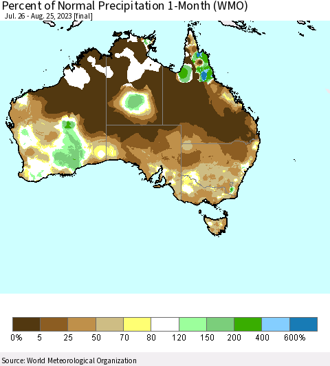 Australia Percent of Normal Precipitation 1-Month (WMO) Thematic Map For 7/26/2023 - 8/25/2023