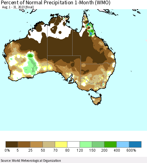 Australia Percent of Normal Precipitation 1-Month (WMO) Thematic Map For 8/1/2023 - 8/31/2023