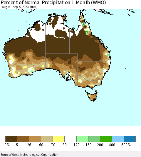 Australia Percent of Normal Precipitation 1-Month (WMO) Thematic Map For 8/6/2023 - 9/5/2023