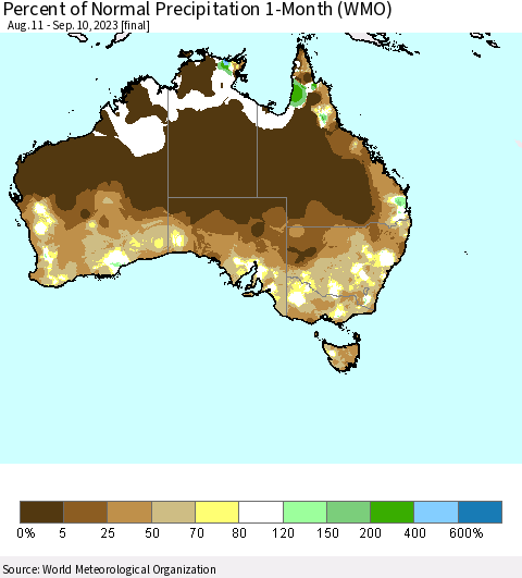 Australia Percent of Normal Precipitation 1-Month (WMO) Thematic Map For 8/11/2023 - 9/10/2023