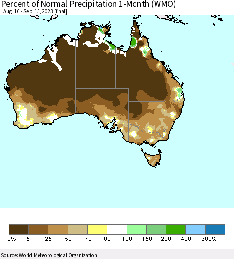 Australia Percent of Normal Precipitation 1-Month (WMO) Thematic Map For 8/16/2023 - 9/15/2023