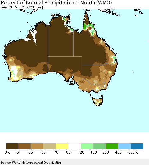 Australia Percent of Normal Precipitation 1-Month (WMO) Thematic Map For 8/21/2023 - 9/20/2023