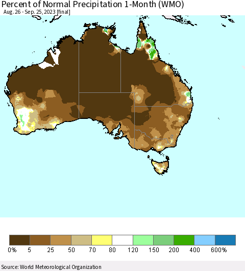 Australia Percent of Normal Precipitation 1-Month (WMO) Thematic Map For 8/26/2023 - 9/25/2023