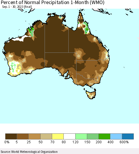 Australia Percent of Normal Precipitation 1-Month (WMO) Thematic Map For 9/1/2023 - 9/30/2023