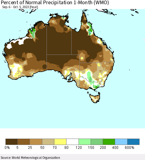 Australia Percent of Normal Precipitation 1-Month (WMO) Thematic Map For 9/6/2023 - 10/5/2023