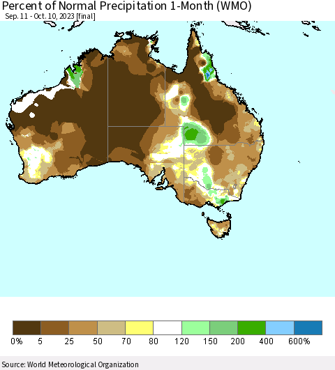 Australia Percent of Normal Precipitation 1-Month (WMO) Thematic Map For 9/11/2023 - 10/10/2023