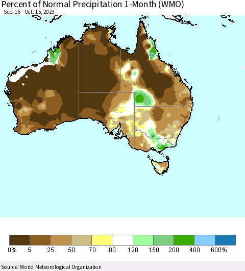 Australia Percent of Normal Precipitation 1-Month (WMO) Thematic Map For 9/16/2023 - 10/15/2023