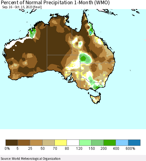 Australia Percent of Normal Precipitation 1-Month (WMO) Thematic Map For 9/16/2023 - 10/15/2023