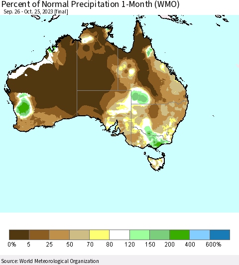 Australia Percent of Normal Precipitation 1-Month (WMO) Thematic Map For 9/26/2023 - 10/25/2023