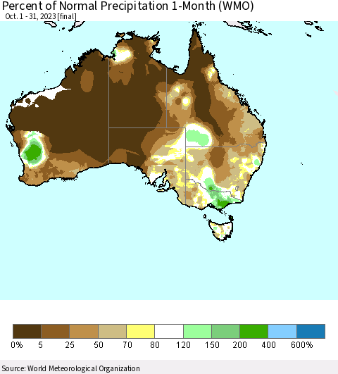 Australia Percent of Normal Precipitation 1-Month (WMO) Thematic Map For 10/1/2023 - 10/31/2023