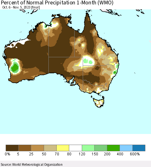 Australia Percent of Normal Precipitation 1-Month (WMO) Thematic Map For 10/6/2023 - 11/5/2023