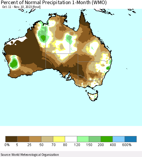 Australia Percent of Normal Precipitation 1-Month (WMO) Thematic Map For 10/11/2023 - 11/10/2023