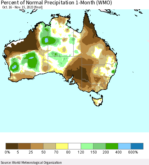 Australia Percent of Normal Precipitation 1-Month (WMO) Thematic Map For 10/16/2023 - 11/15/2023