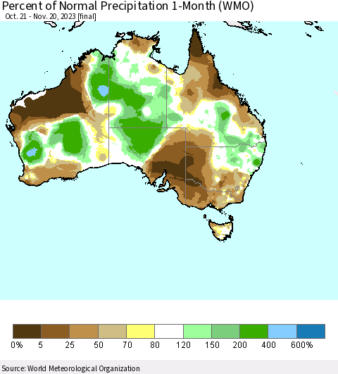 Australia Percent of Normal Precipitation 1-Month (WMO) Thematic Map For 10/21/2023 - 11/20/2023