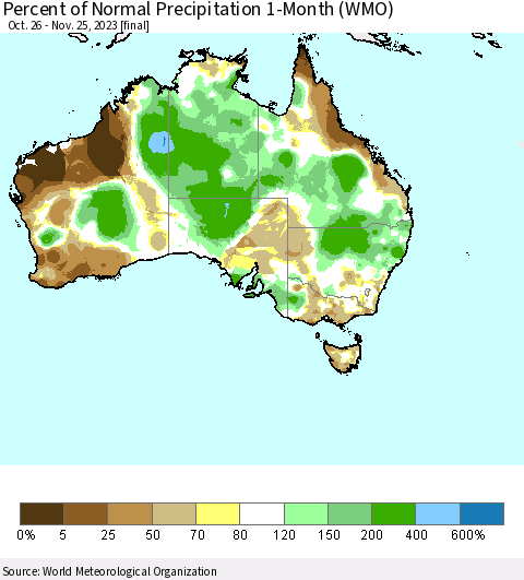 Australia Percent of Normal Precipitation 1-Month (WMO) Thematic Map For 10/26/2023 - 11/25/2023