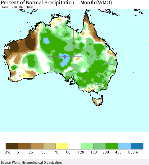 Australia Percent of Normal Precipitation 1-Month (WMO) Thematic Map For 11/1/2023 - 11/30/2023