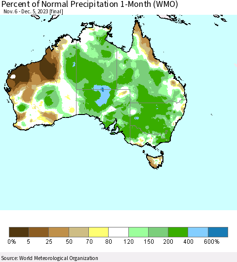 Australia Percent of Normal Precipitation 1-Month (WMO) Thematic Map For 11/6/2023 - 12/5/2023