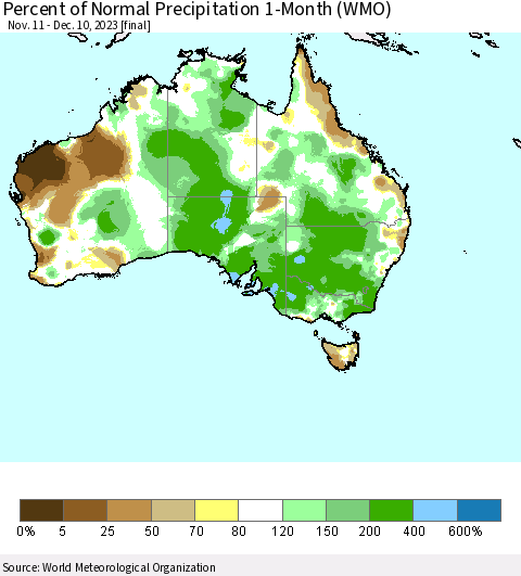 Australia Percent of Normal Precipitation 1-Month (WMO) Thematic Map For 11/11/2023 - 12/10/2023