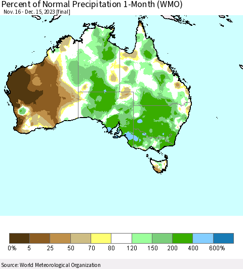 Australia Percent of Normal Precipitation 1-Month (WMO) Thematic Map For 11/16/2023 - 12/15/2023