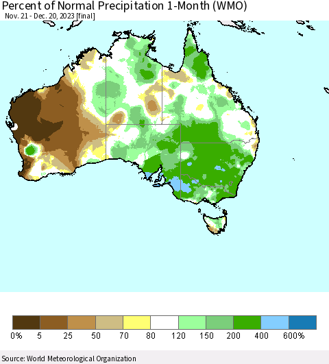 Australia Percent of Normal Precipitation 1-Month (WMO) Thematic Map For 11/21/2023 - 12/20/2023