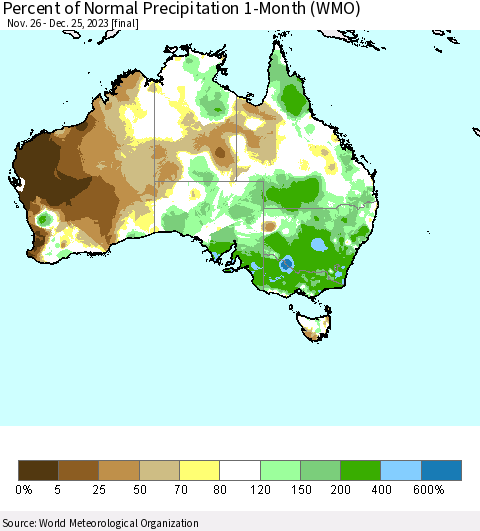 Australia Percent of Normal Precipitation 1-Month (WMO) Thematic Map For 11/26/2023 - 12/25/2023