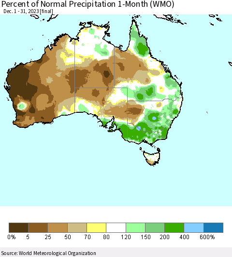 Australia Percent of Normal Precipitation 1-Month (WMO) Thematic Map For 12/1/2023 - 12/31/2023